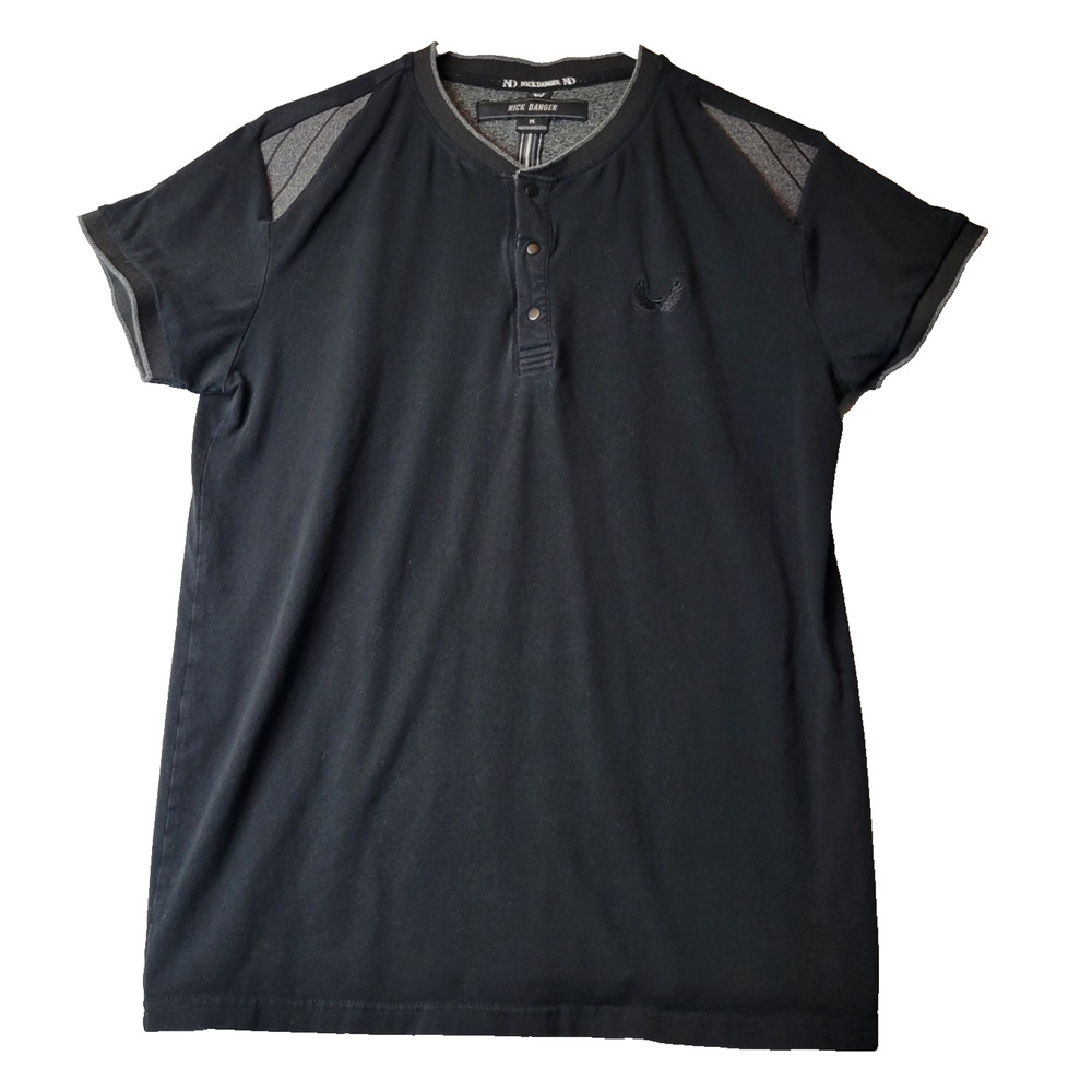 Nick Danger Black SS Flex Fit Henley T Shirt Men's Medium Cotton Stretch